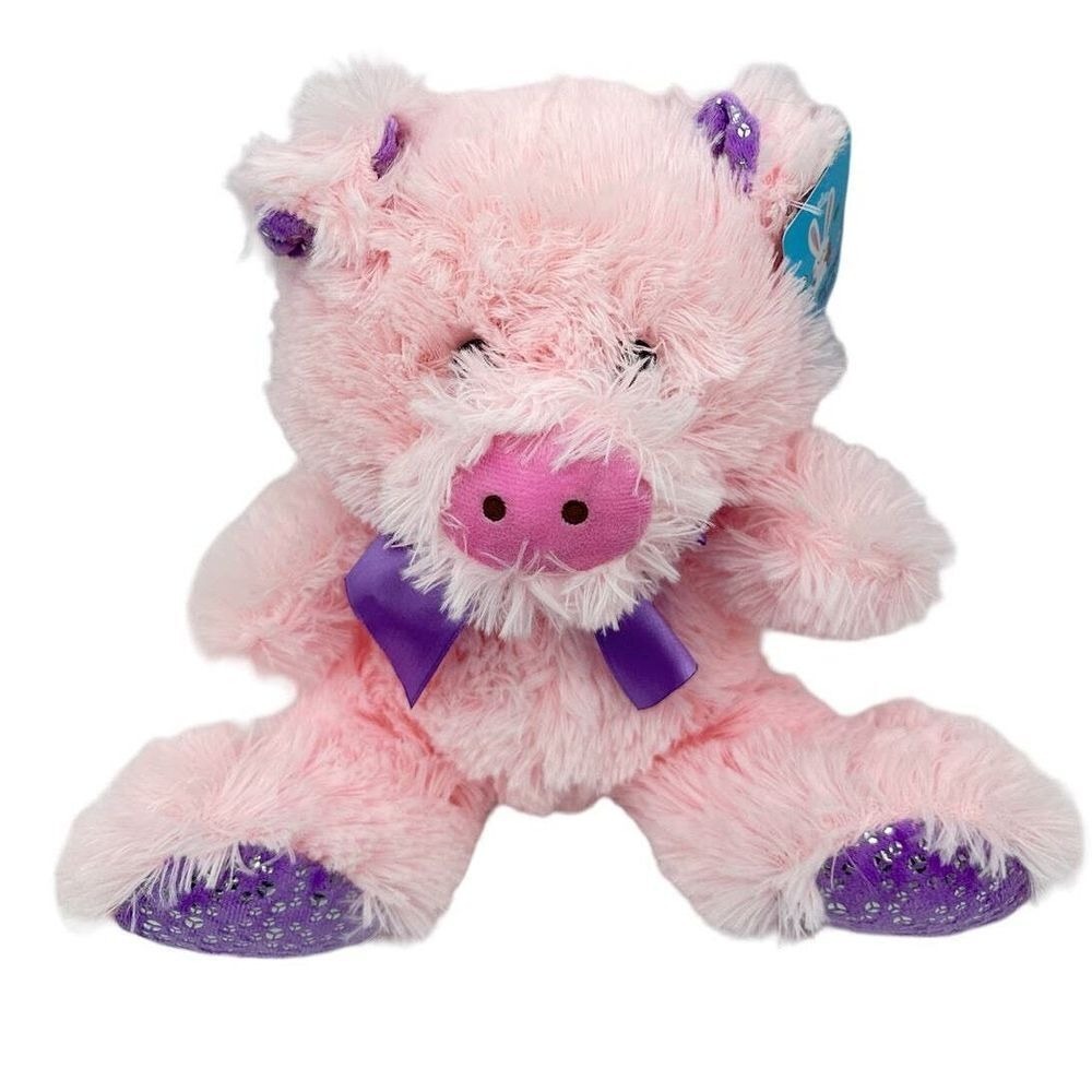 Hugfun Stuffed Animal Sitting Pig Plushie 10" Big Foot Plush Toy Pink Purple